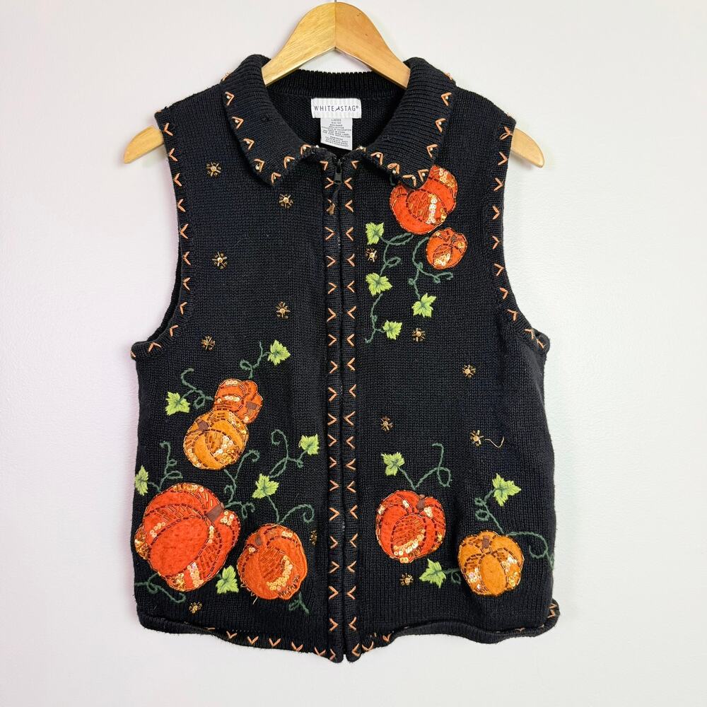 Vintage 90s Halloween Pumpkin Embroidered Beaded Sweater Vest Womens M Zip Front - Picture 3 of 14